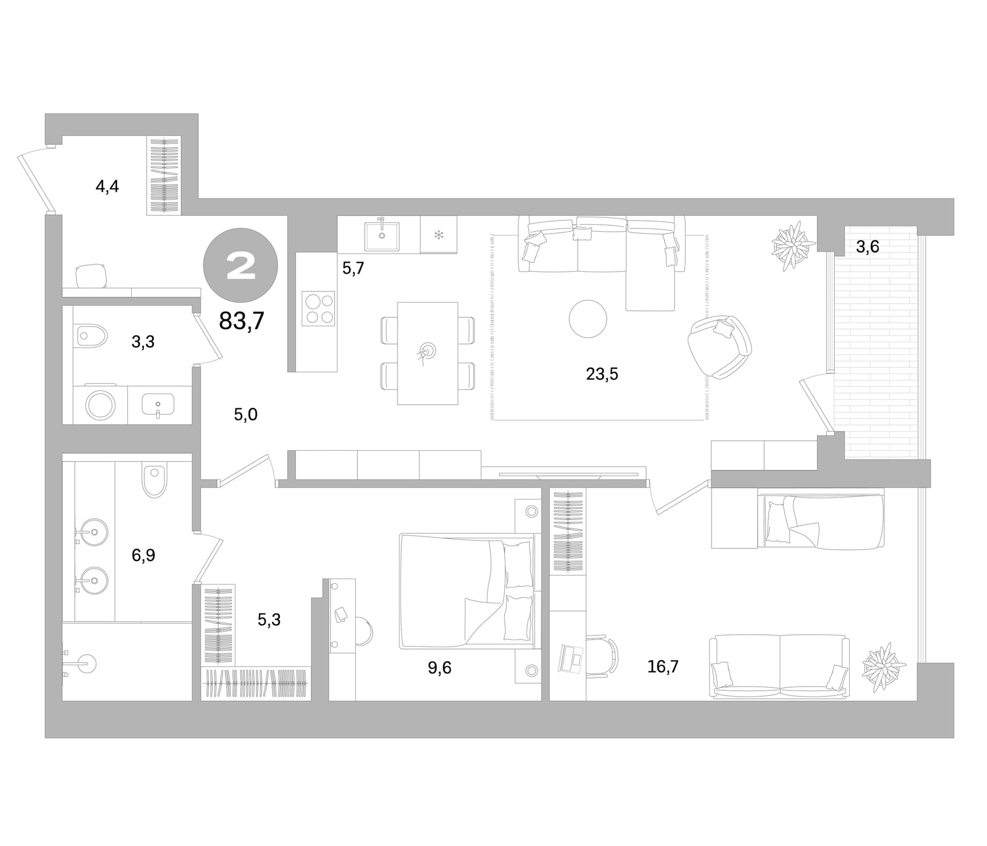 Планировка: Евротрёшка 80,1 м² в ЖК «Северный ветер»