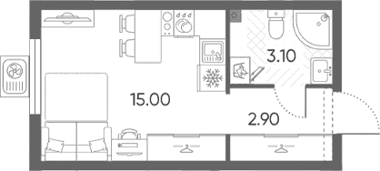 Планировка: Студия 21 м² в ЖК «Ручьи 2»