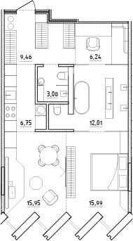 Планировка: Евротрёшка 69,5 м² в ЖК «Zen»