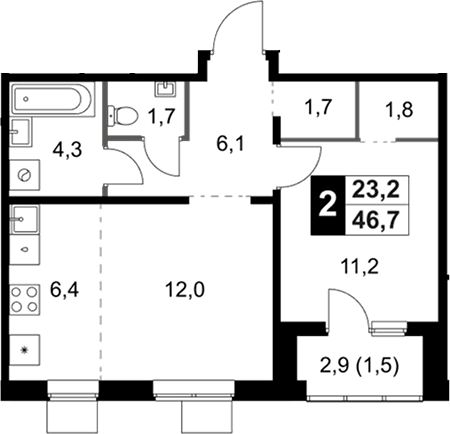 Планировка: Евродвушка 45,2 м² в ЖК «1-й Ясеневский»