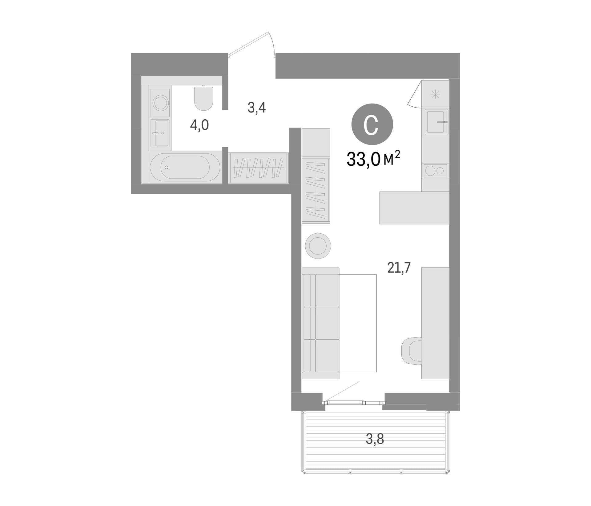 Планировка: Студия 29,2 м² в ЖК «Брусника в Новоселье»