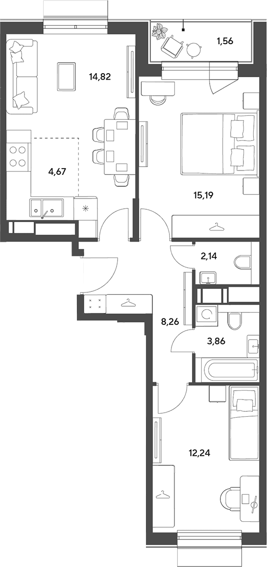 Планировка: Евротрёшка 61,2 м² в ЖК «Публицист»
