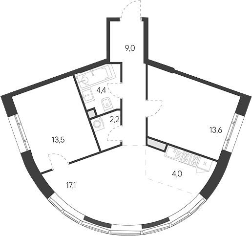 Планировка: Евротрёшка 63,8 м² в ЖК «Родина Переделкино»