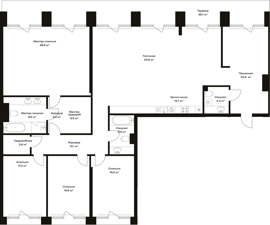 Планировка: Квартира евро-5 228,6 м² в ЖК «Опус»