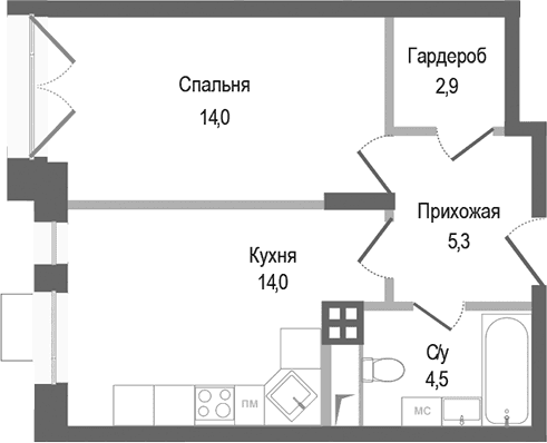Планировка: 1-комнатная квартира 40,7 м² в ЖК «Киноквартал»