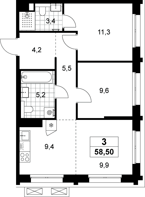Планировка: Евротрёшка 58,5 м² в ЖК «Хольм»