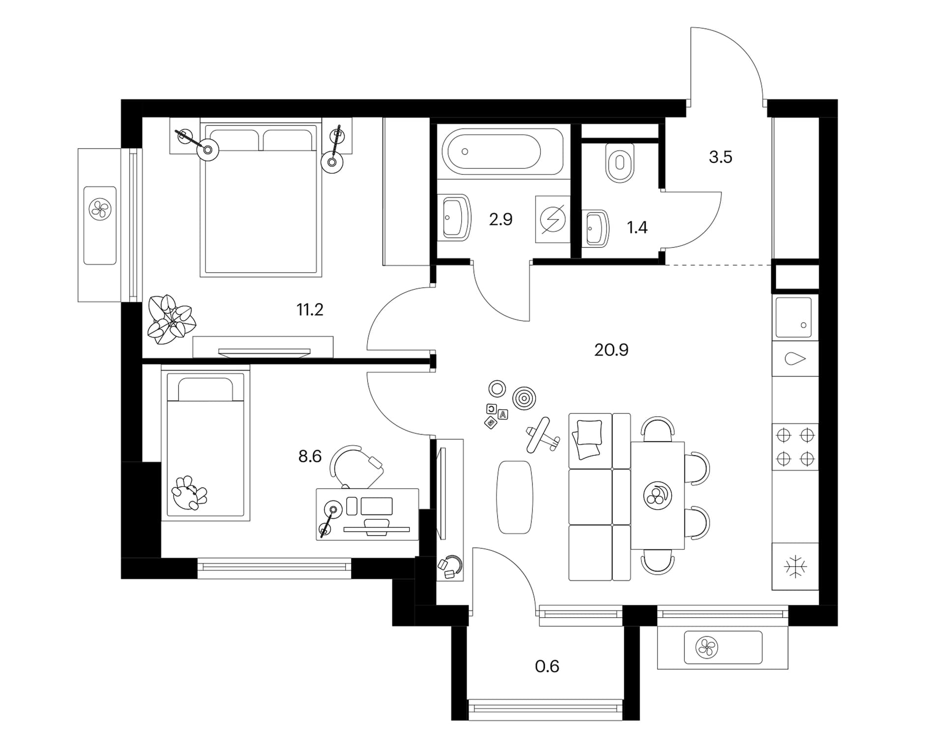 Планировка: 2-комнатная квартира 48,5 м² в ЖК «Белая Дача парк»
