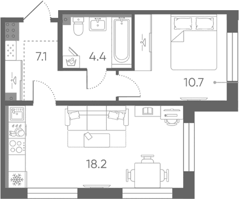 Планировка: Евродвушка 40,4 м² в ЖК «Пулково Лейк»