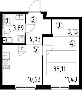 Планировка: 1-комнатная квартира 33,1 м² в ЖК «А101 Лаголово»