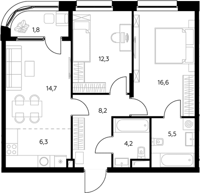 Планировка: Евротрёшка 68,2 м² в ЖК «Адмирал»