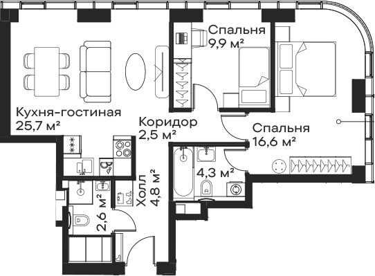 Планировка: Евротрёшка 66,4 м² в ЖК «Сити Бэй»