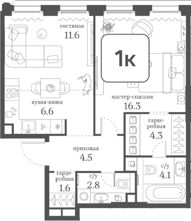 Планировка: 1-комнатная квартира 51,8 м² в ЖК «Муза»