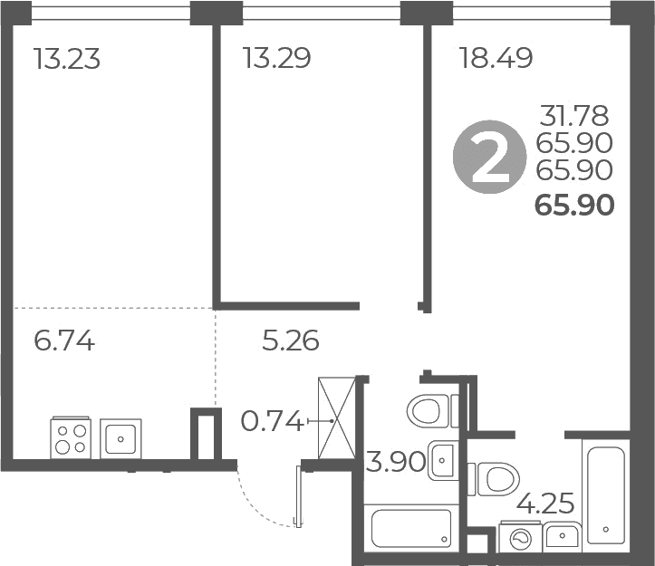 Планировка: 2-комнатная квартира 65,9 м² в ЖК «Мневники от Гранель»