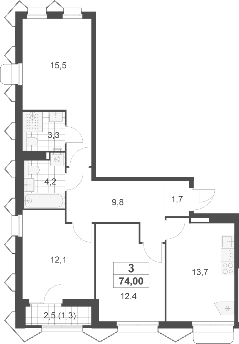 Планировка: 3-комнатная квартира 72,7 м² в ЖК «Деснаречье»