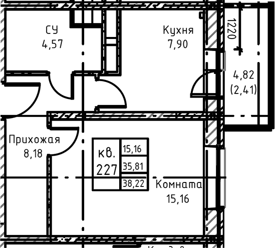 Планировка: 1-комнатная квартира 38,2 м² в ЖК «Высокий Берег»