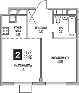 Планировка: Евродвушка 34 м² в ЖК «Гранель Аникеевский»