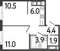 Планировка: Евродвушка 37,7 м² в ЖК «Передвижники»