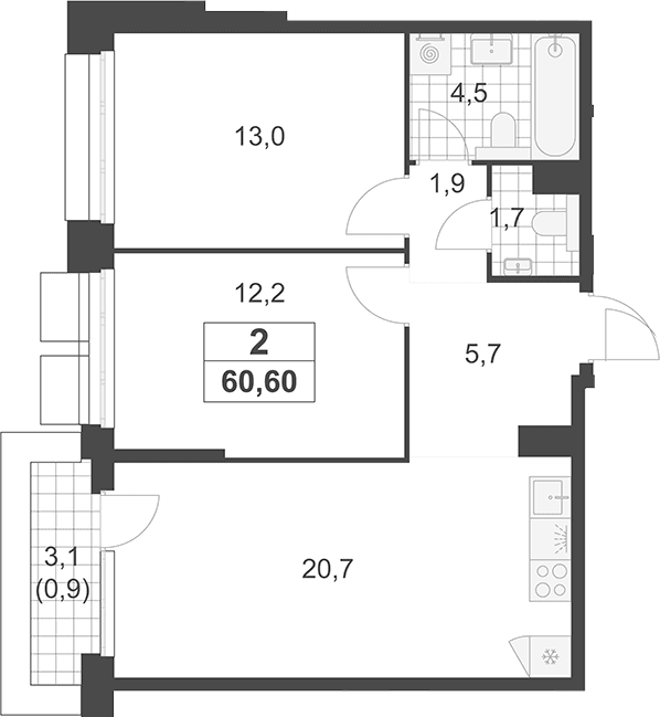 Планировка: Евротрёшка 59,7 м² в ЖК «Южные сады»