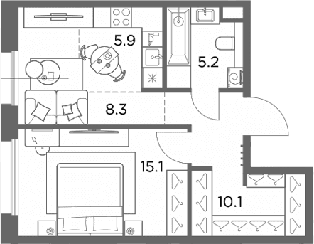 Планировка: Евродвушка 44,6 м² в ЖК «Станиславский»