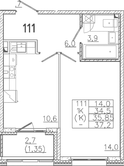 Планировка: 1-комнатная квартира 34,5 м² в ЖК «Лисино»