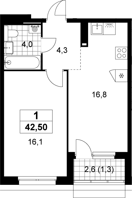 Планировка: Евродвушка 41,2 м² в ЖК «Деснаречье»