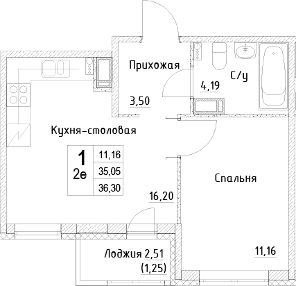 Планировка: Евродвушка 35,1 м² в ЖК «ID Kudrovo II»