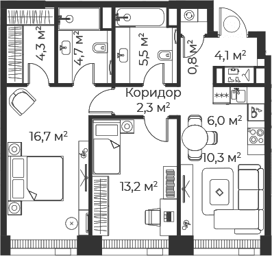 Планировка: Евротрёшка 68 м² в ЖК «Веер»