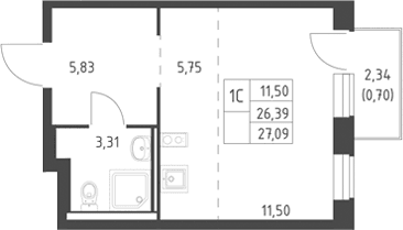 Планировка: Студия 26,4 м² в ЖК «Горки Парк»