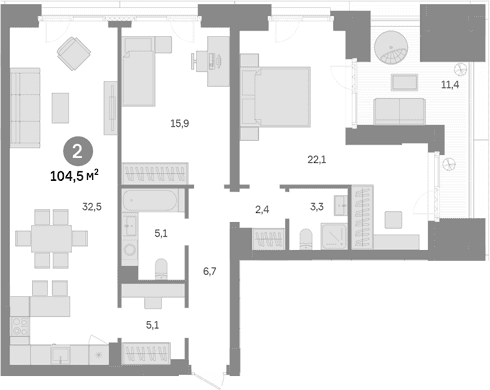 Планировка: 2-комнатная квартира 93,1 м² в ЖК «Квартал Издание»