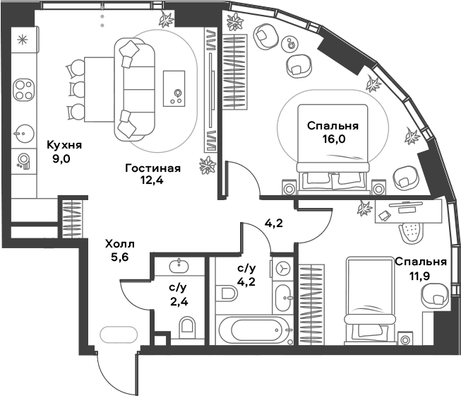 Планировка: Евротрёшка 65,7 м² в ЖК «АЛИА»