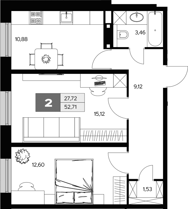 Планировка: 2-комнатная квартира 52,7 м² в ЖК «Ласточкино»