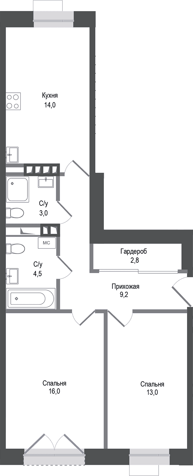 Планировка: 2-комнатная квартира 62,5 м² в ЖК «Киноквартал»