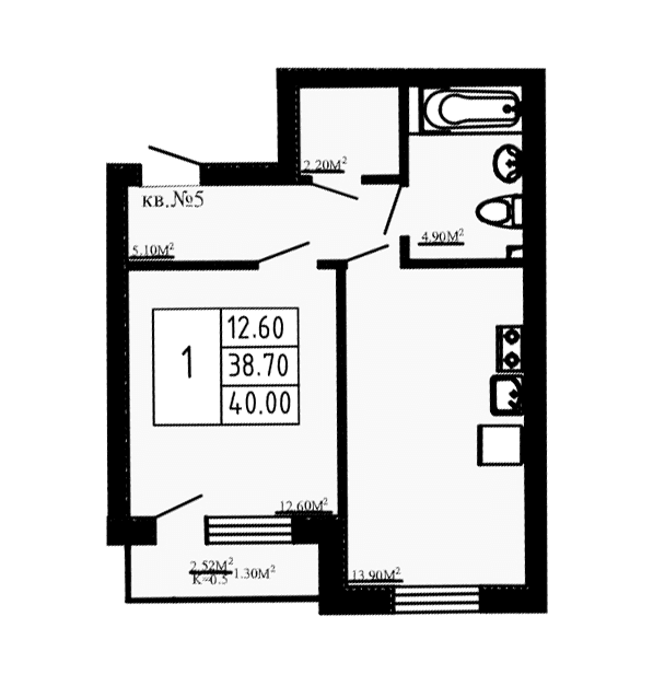 Планировка: 1-комнатная квартира 38,7 м² в ЖК «Перспектива»