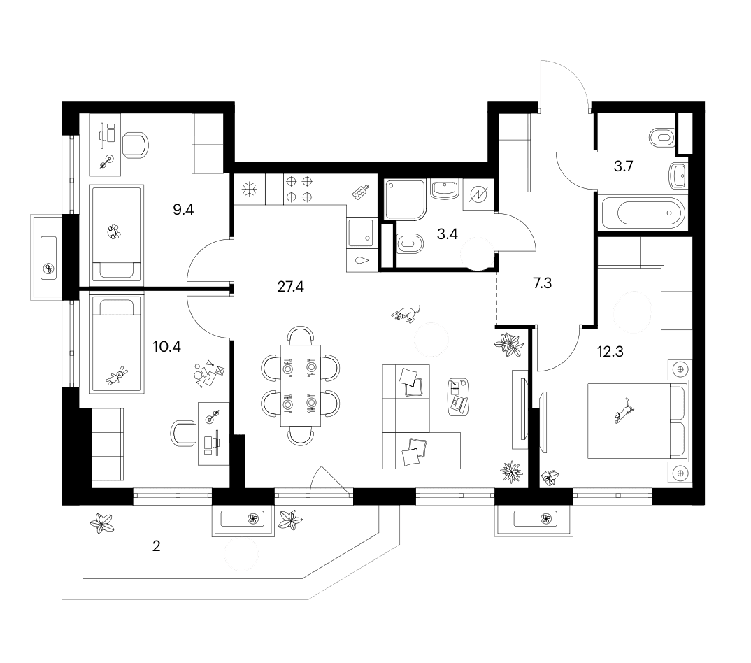 Планировка: 3-комнатная квартира 73,9 м² в ЖК «Зеленый парк»