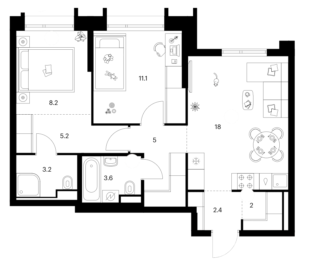 Планировка: 2-комнатная квартира 58,7 м² в ЖК «Зеленый парк»