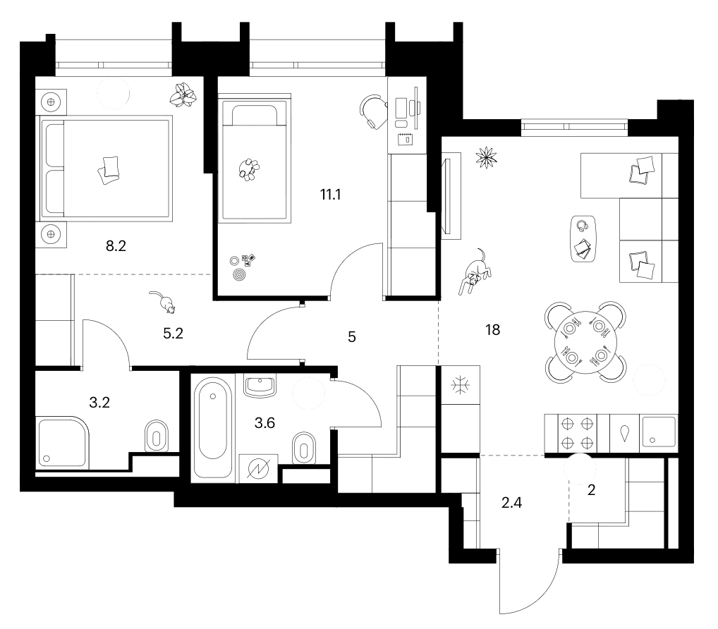 Планировка: 2-комнатная квартира 58,7 м² в ЖК «Зеленый парк»