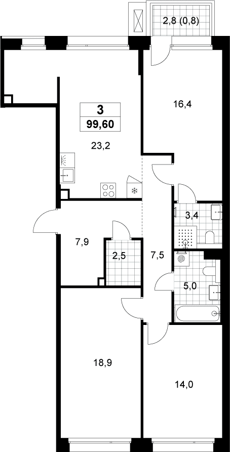 Планировка: Квартира евро-4 98,8 м² в ЖК «Хольм»