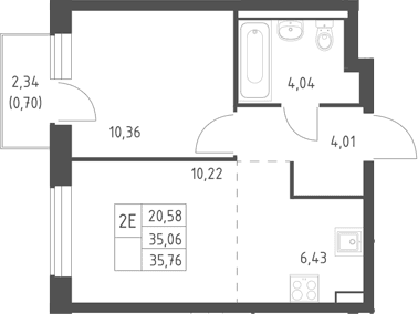 Планировка: Евродвушка 35,1 м² в ЖК «Горки Парк»