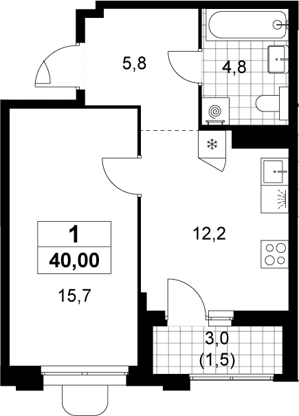 Планировка: Евродвушка 38,5 м² в ЖК «Прокшино»