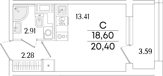 Планировка: Студия 18,6 м² в ЖК «Аурум»