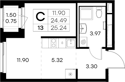 Планировка: Студия 24,5 м² в ЖК «Новоселье»