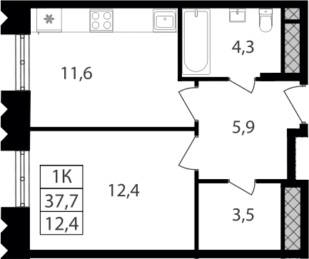 Планировка: 1-комнатная квартира 37,7 м² в ЖК «Варшавские ворота»