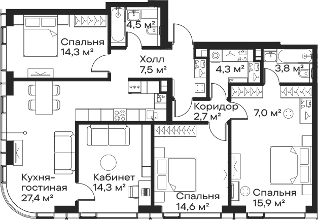 Планировка: Квартира евро-5 116,3 м² в ЖК «Сити Бэй»