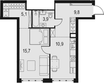 Планировка: 1-комнатная квартира 45,4 м² в ЖК «Левел Южнопортовая»