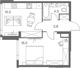 Планировка: 1-комнатная квартира 39,5 м² в ЖК «ЛОТ от Аквилон»