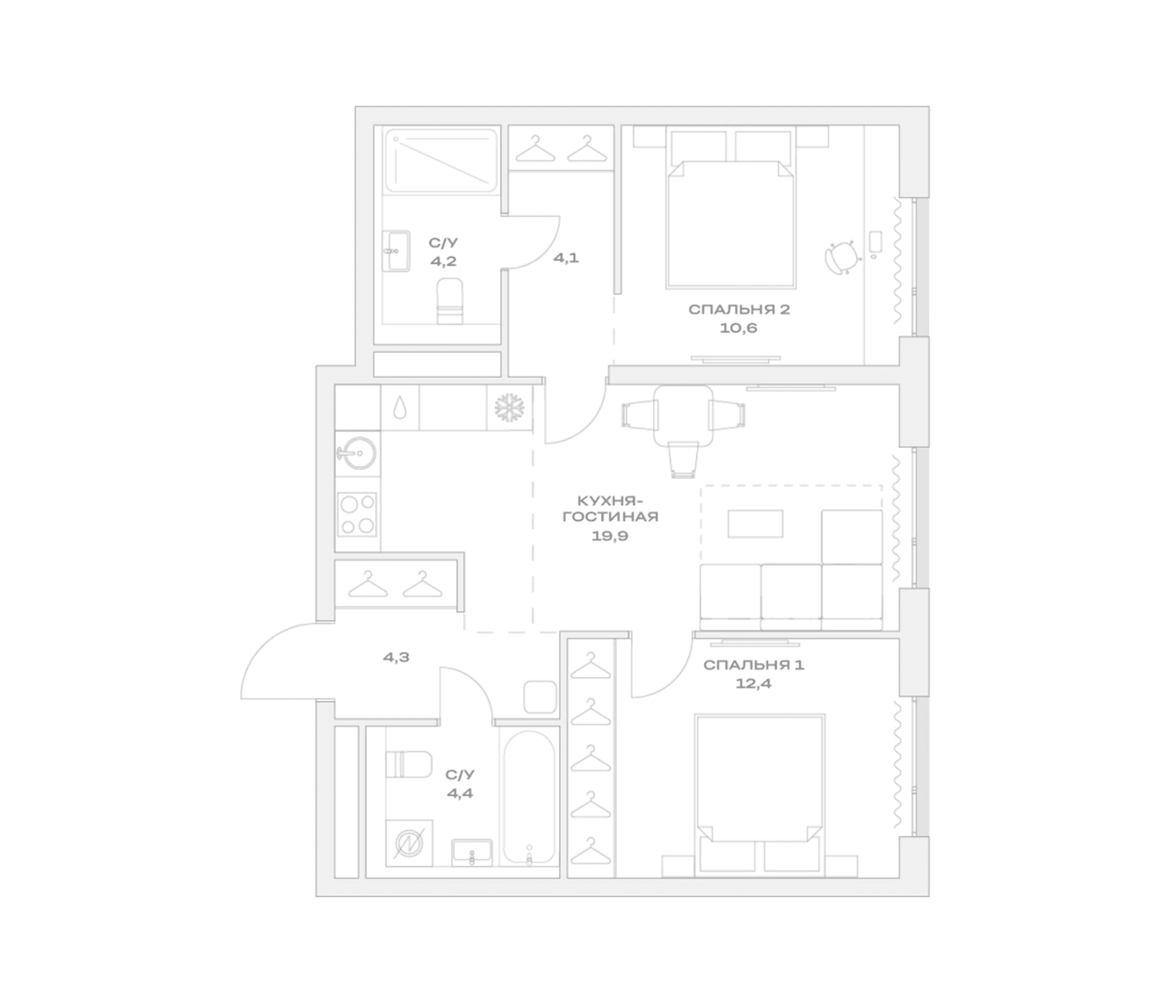 Планировка: Евротрёшка 59,9 м² в ЖК «Детали»