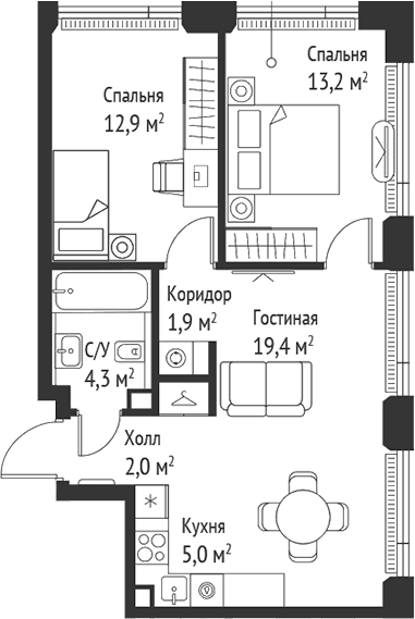 Планировка: Евротрёшка 58,8 м² в ЖК «СЕТ»