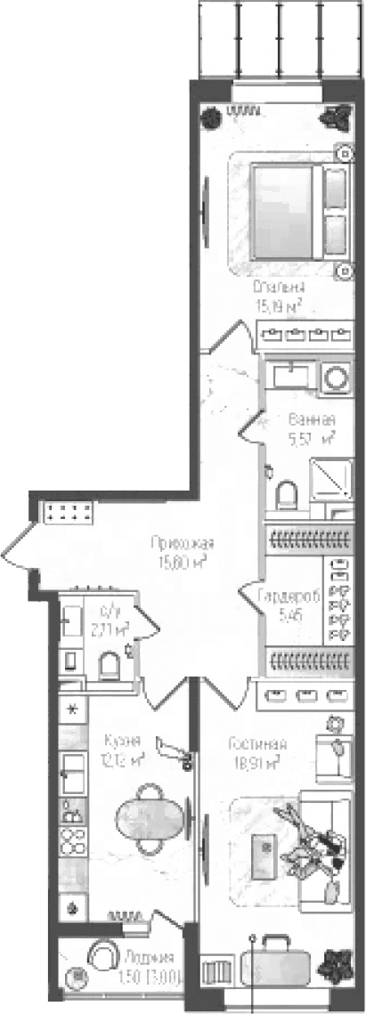 Планировка: 2-комнатная квартира 75,6 м² в ЖК «Рига Хиллс»