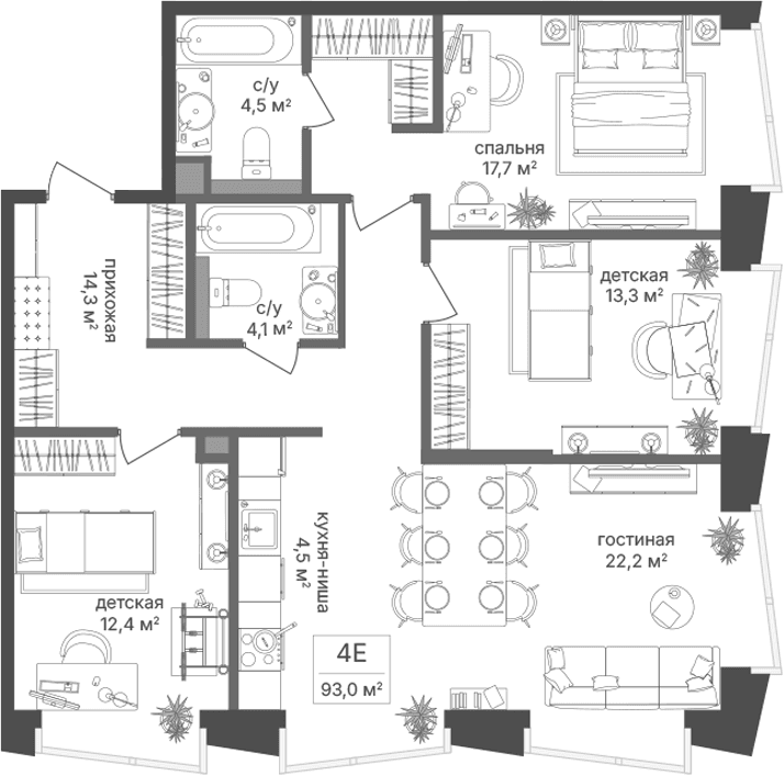 Планировка: Квартира евро-4 93 м² в ЖК «Петровский Парк II»