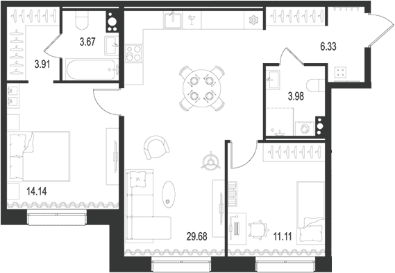 Планировка: Евротрёшка 72,8 м² в ЖК «Остров Первых»